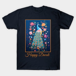 Blue Folk Art Peacock & Pink Flowers Happy Diwali Deepavali Celebration T-Shirt